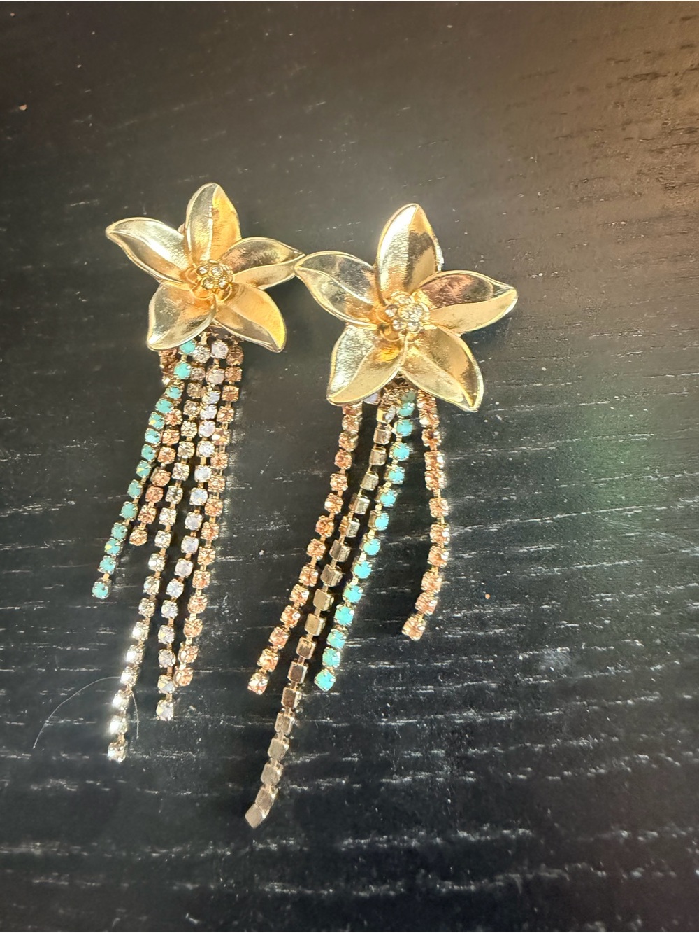 Clip on Gold Flower Dangle Earrings with Turquoise and Crystal Strands